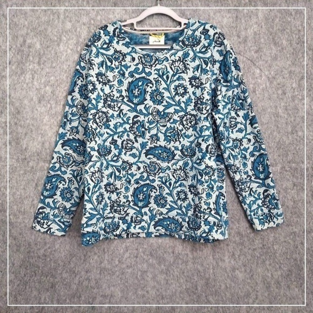 Urban Outfitter Koto Knit Top Women L Blue Paisley Relaxed Weekend Long Sleeve